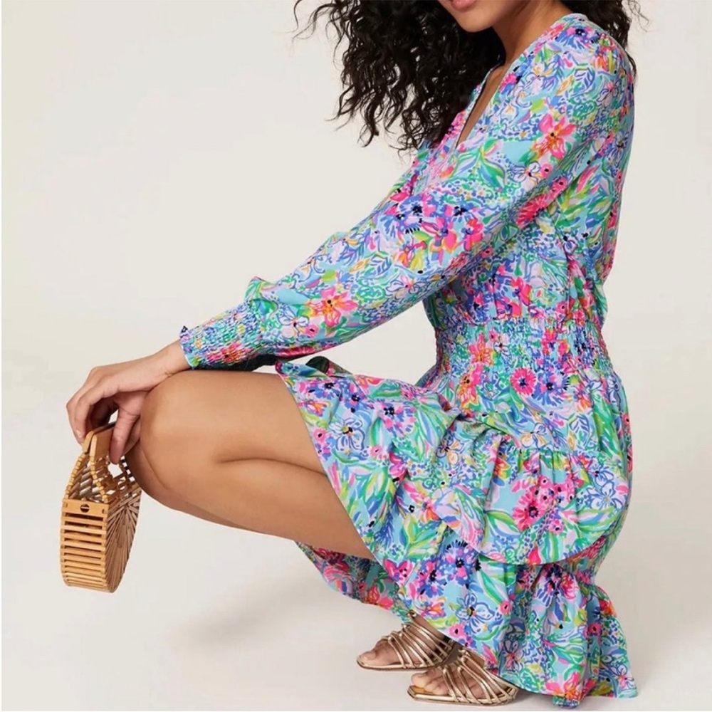 Lilly Pulitzer Blue Green Pink Floral Smocked Mini Dress